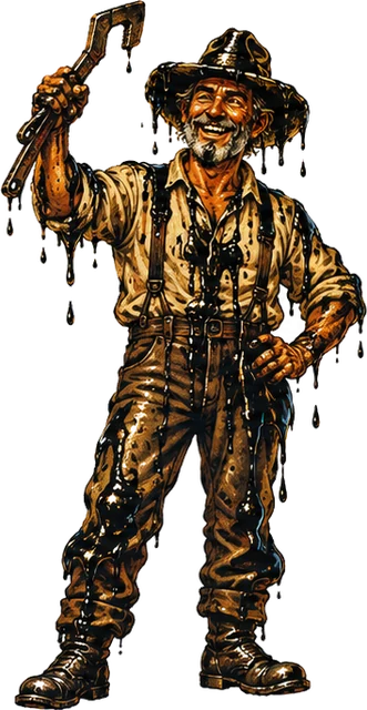 Dusty, an old wildcatter soaked in crude, grinning with a wrench raised